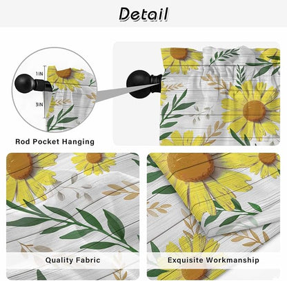 Yellow Daisy Tier Curtains, Farmhouse Country Flower Leaf Plant Wood Grain - Image 9