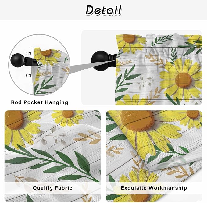 Yellow Daisy Kitchen Curtains, Farmhouse Country Flower Leaf Plant Wood Grain - Image 9