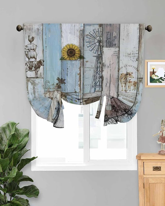 Tie Up Curtains for Windows, Farmhouse Barn Sunflowers Retro Privacy Curtains by Anzona