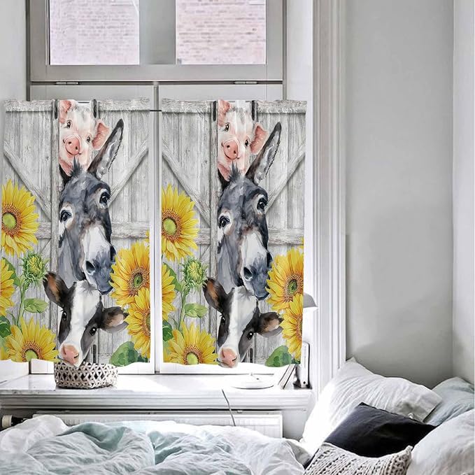 Farmhouse Tier Curtains 45 Inches Long, Watercolor Sunflowers Animals Printed - Image 5