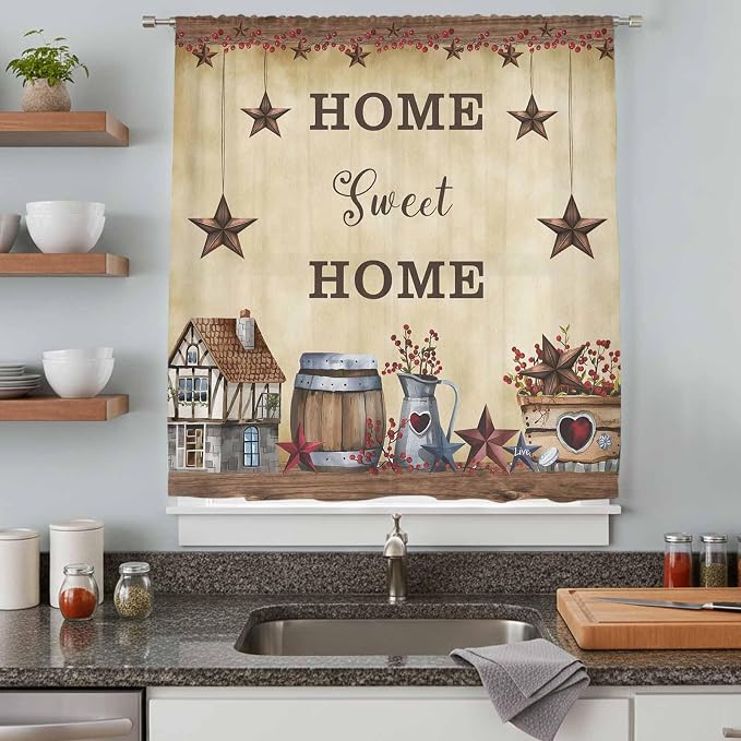 Farm Sheer Curtains 63 Inch Length American Country Barn Star Vintage Berry - Image 8