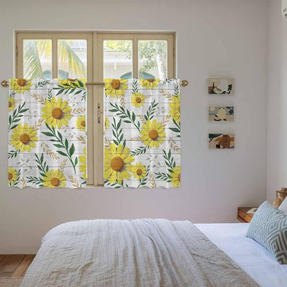 Yellow Daisy Tier Curtains, Farmhouse Country Flower Leaf Plant Wood Grain - Image 4
