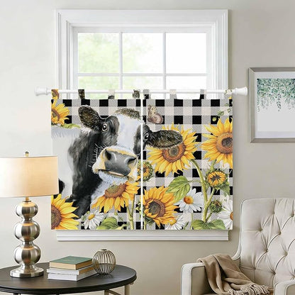 Retro Sunflowers Kitchen Curtains 45 Inch Length, Short Cafe Window Curtains - Image 2