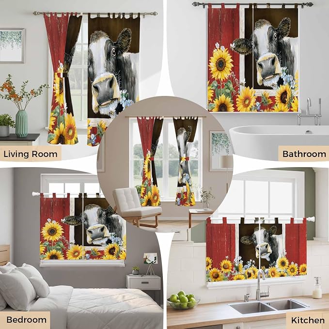 Cows Sunflowers Kitchen Curtains 36 Inch Length, Small Window Curtains Tab Top - Image 7