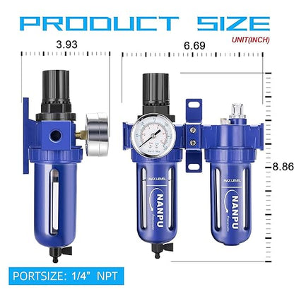 NANPU 1/4" NPT Compressed Air Filter Regulator Lubricator, Zinc Alloy, 5 Micron - Image 2