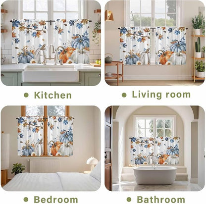 Navy Blue Pumpkin Fall Kitchen Curtains 54 Inch Long 2 Panel Set, Rod Pocket - Image 8