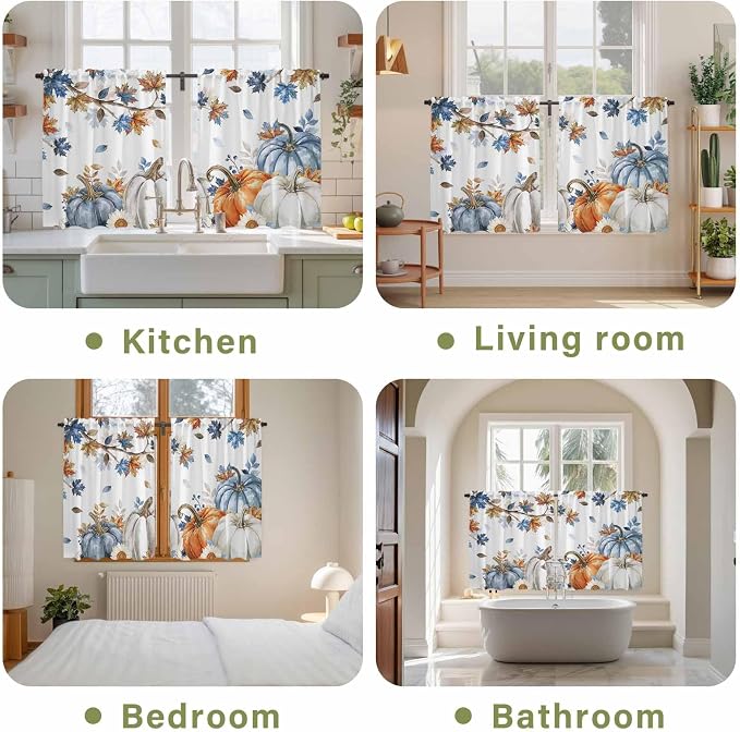 Navy Blue Pumpkin Fall Kitchen Tier Curtains 45 Inch Long 2 Panel Set, Rod - Image 8