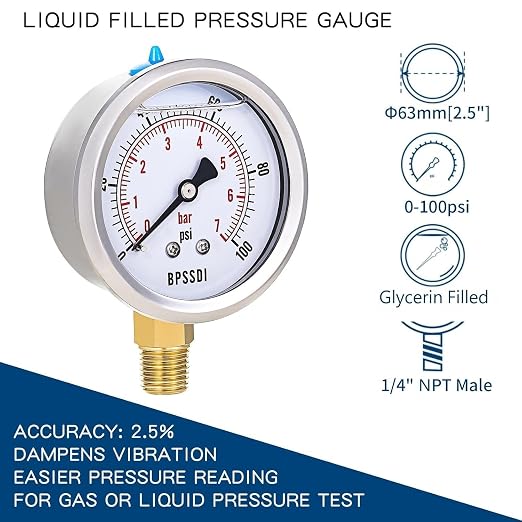 0-100 Psi Lead-Free Glycerin Liquid Filled Low Pressure Gauge, 2.5" Dial Size - Image 2