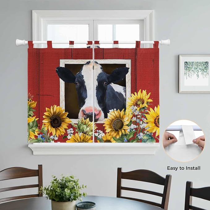 Cow Sunflowers Kitchen Curtains 45 Inch Length, Short Cafe Window Curtains Tab - Image 4