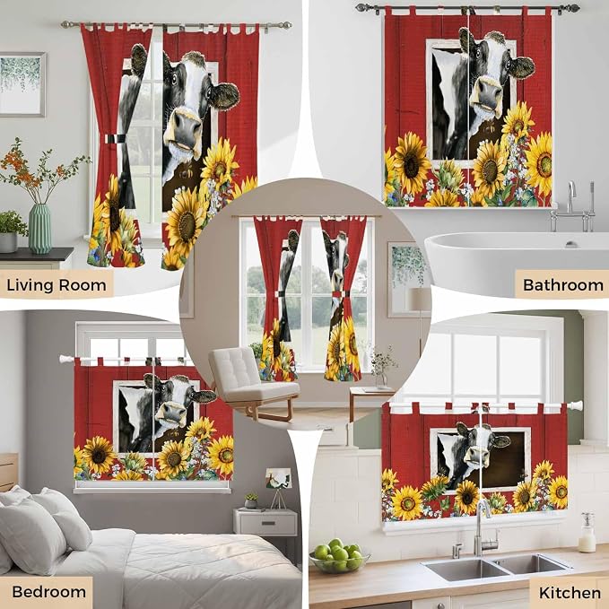 Cows Sunflowers Kitchen Curtains 45 Inch Length, Short Cafe Window Curtains Tab - Image 7