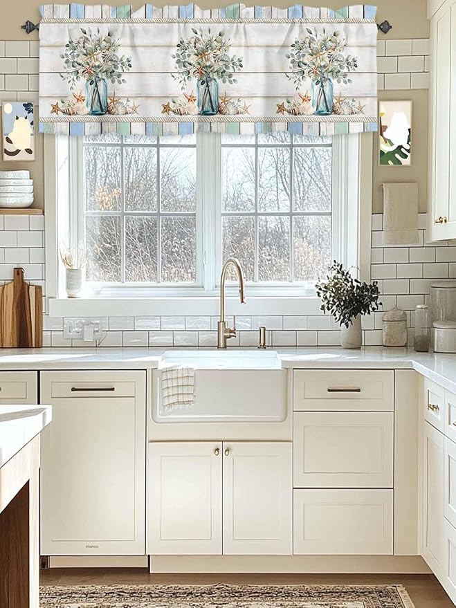 Kitchen Valances for Window, Ocean Starfish Conch Shell Eucalyptus Light - Image 2
