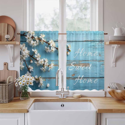 Farmhouse Wooden Grain Kitchen Curtains, Vintage Shabby Chic Flower Blue Light - Image 2