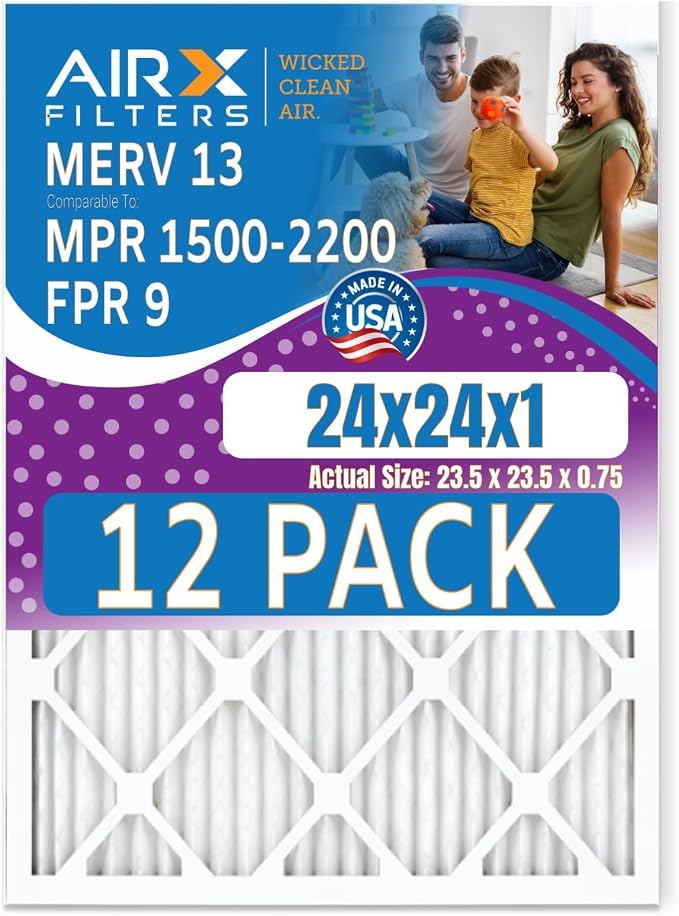 24x24x1 Air Filter MERV 13 Rating, 12 Pack of Furnace Filters Comparable to MPR by AIRXFILTERSWICKEDCLEANAIR