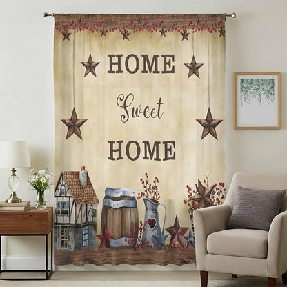 Farm Sheer Curtains 63 Inch Length American Country Barn Star Vintage Berry - Image 3