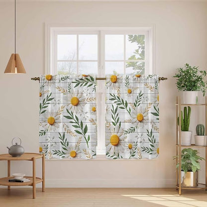 Spring Daisy Tier Curtains, Farmhouse Country Flower Leaf Plant Wood Grain - Image 3