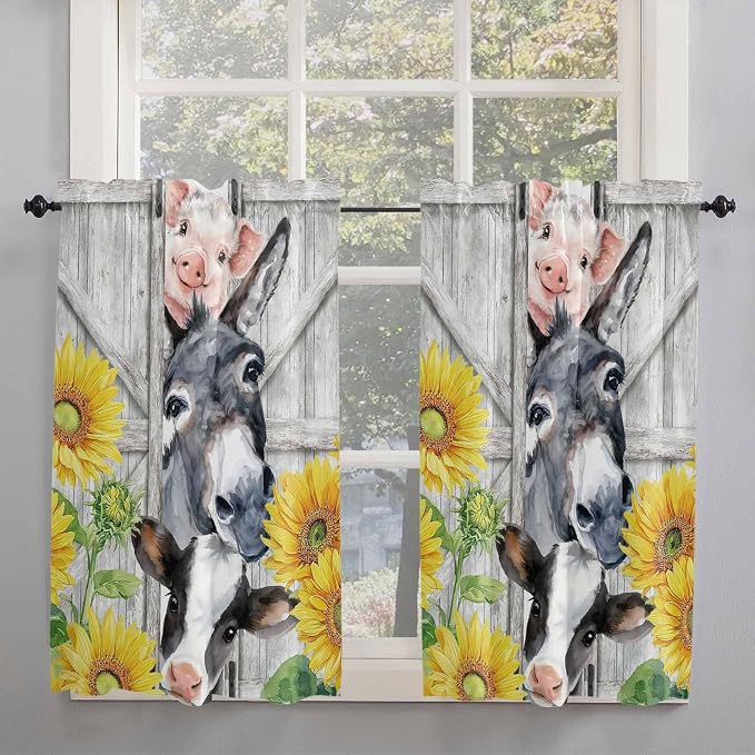 Farmhouse Kitchen Curtains 54 Inches length, Watercolor Sunflowers Animals - Image 2