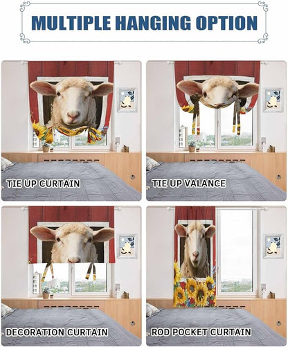 Tie Up Curtains for Windows, Sheep Sunflower Adjustable Balloon Nature Linen - Image 5