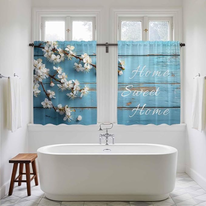 Farmhouse Wooden Grain Tier Curtains, Vintage Shabby Chic Flower Blue Light - Image 5