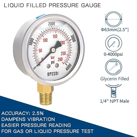 0-4000 Psi Glycerin Liquid Filled Hydraulic High Pressure Gauge, 2.5" Dial Size - Image 2