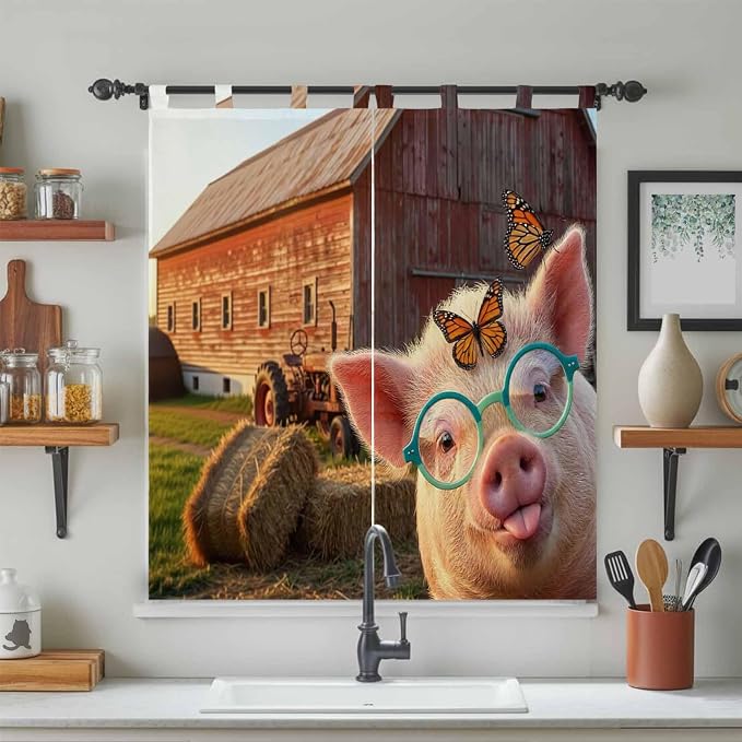 Farm Pig Bedroom Curtains 72 Inch Length, Window Curtains Tab Top, Farmhouse - Image 3