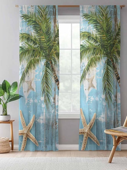 Sheer Curtains 96 Inches Long, Coastal Beach Blue Semi Sheer Curtains Light - Image 5