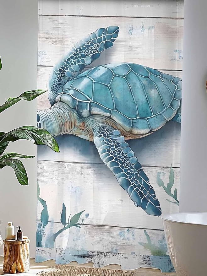 Sheer Curtains 108 Inches Long, Teal Green Sea Turtle Semi Sheer Curtains Light - Image 4