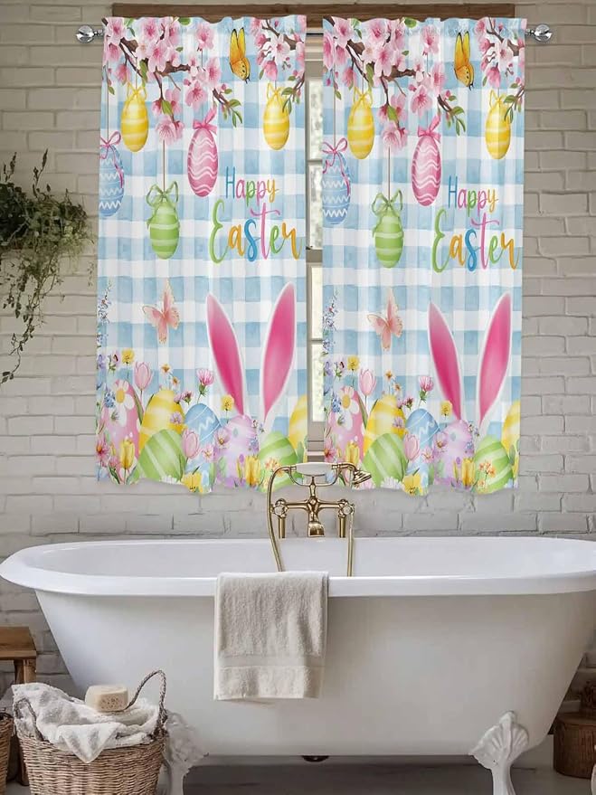 Happy Easter Bedroom Curtains 63 Inches length, Spring Watercolor Bunny Eggs - Image 7
