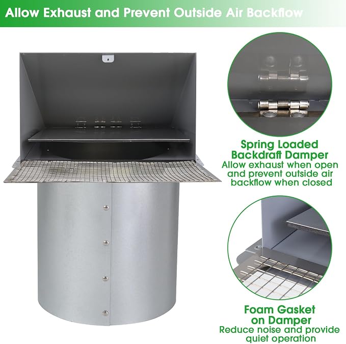 8 inch Hooded Wall Vent with Screen and Damper, Wall Vent Cover Exhaust Vent - Image 4