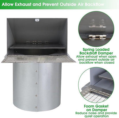 8 inch Hooded Wall Vent with Screen and Damper, Wall Vent Cover Exhaust Vent - Image 4
