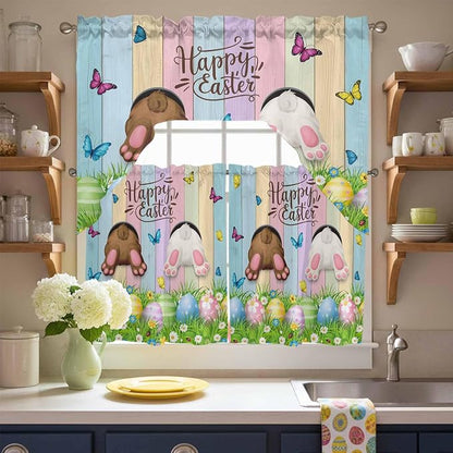Swag Valance Curtains, Happy Easter Rabbit Butt Egg on Daisy Leaf Rod Pocket by Chees+D+Zone