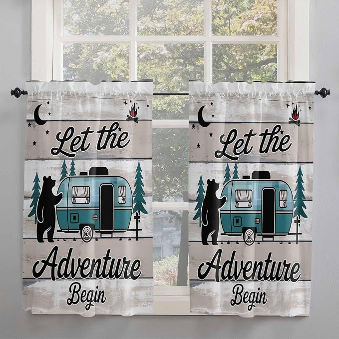 Farmhouse Bear Camper Van Tree Window Valance Curtains, Vintage Wood Grain by IDOWMAT