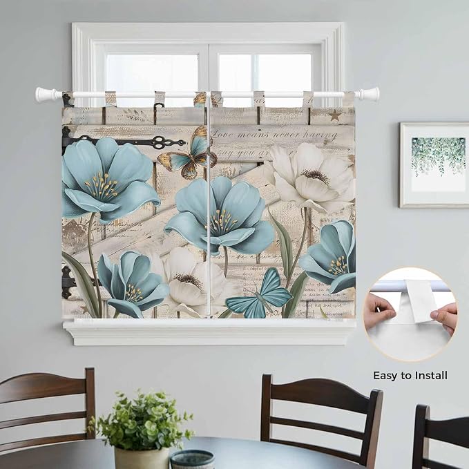 Teal Blue Tulips Kitchen Curtains 45 Inch Length, Short Cafe Window Curtains - Image 4