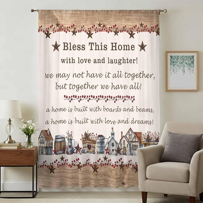 Farmhouse Sheer Curtains 54 Inch Length Country Star Barn Berry Brown Wood - Image 3