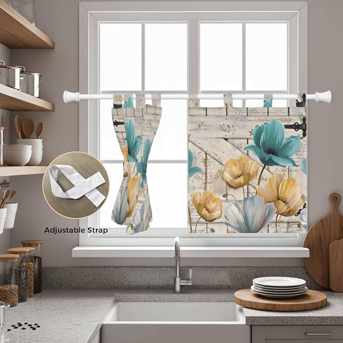 Watercolor Flowers Kitchen Curtains 24 Inch Length, Small Window Curtains Tab - Image 5