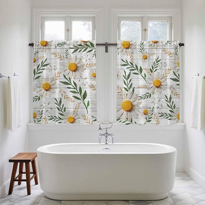 Spring Daisy Tier Curtains, Farmhouse Country Flower Leaf Plant Wood Grain - Image 5