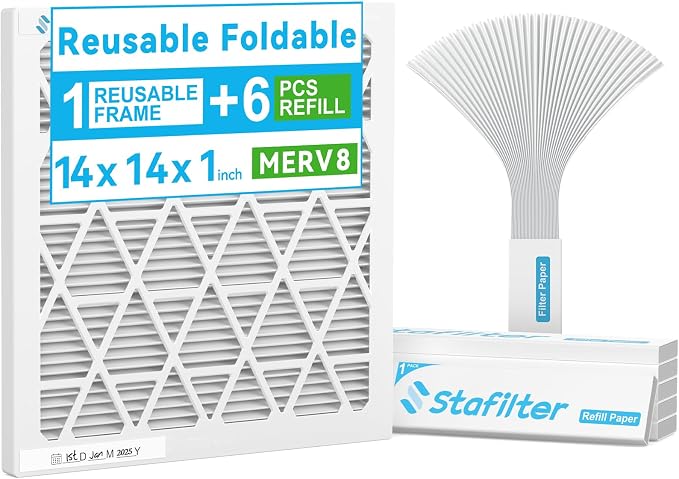 Reusable 14x14x1 Air Filter, 1 Foldable Frame + 6 Refills by Stafilter