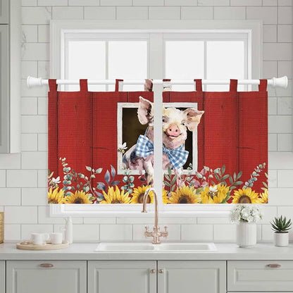 Pig Sunflowers Kitchen Curtains 24 Inch Length, Small Window Curtains Tab Top - Image 3