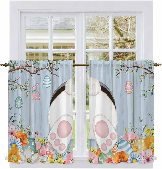 Easter Kitchen Curtains 45 Inch Long 2 Panel Set, Rod Pocket Window Treatment - Image 2