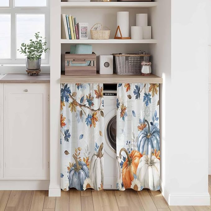 Fall Blue Maple Kitchen Curtains 54 Inch Long 2 Panel Set, Rod Pocket Window - Image 7