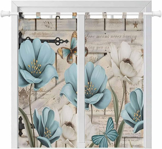 Teal Blue Tulips Living Room Curtains 84 Inch Length, Window Curtains Tab Top by Unknown