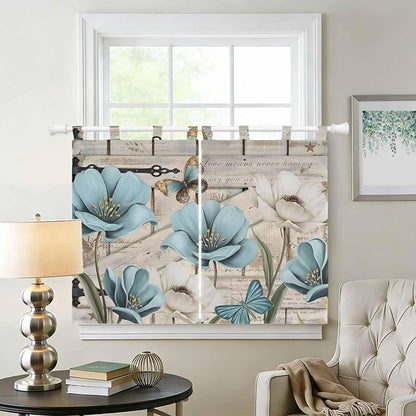 Teal Blue Tulips Bedroom Curtains 63 Inch Length, Window Curtains Tab Top - Image 2