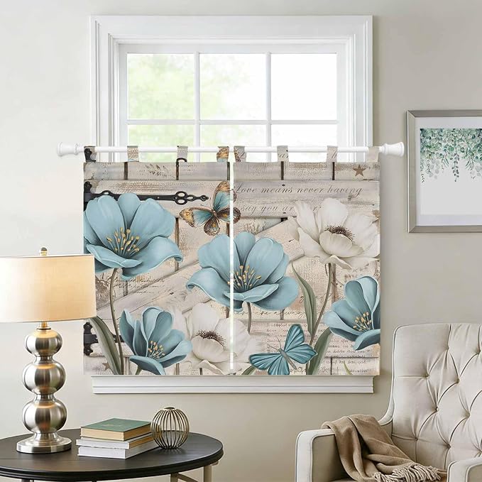 Teal Blue Tulips Kitchen Curtains 45 Inch Length, Short Cafe Window Curtains - Image 2