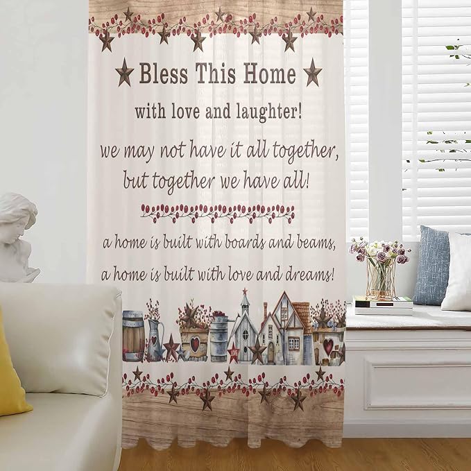 Farmhouse Sheer Curtains 54 Inch Length Country Star Barn Berry Brown Wood by Unknown
