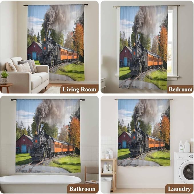 Steam Train Sheer Curtains 63 Inch Length Railroad Country Barn Rustic Trees - Image 7