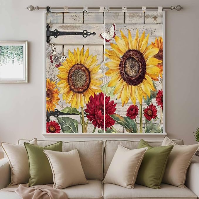 Red Yellow Sunflowers Living Room Curtains 84 Inch Length, Window Curtains Tab - Image 9