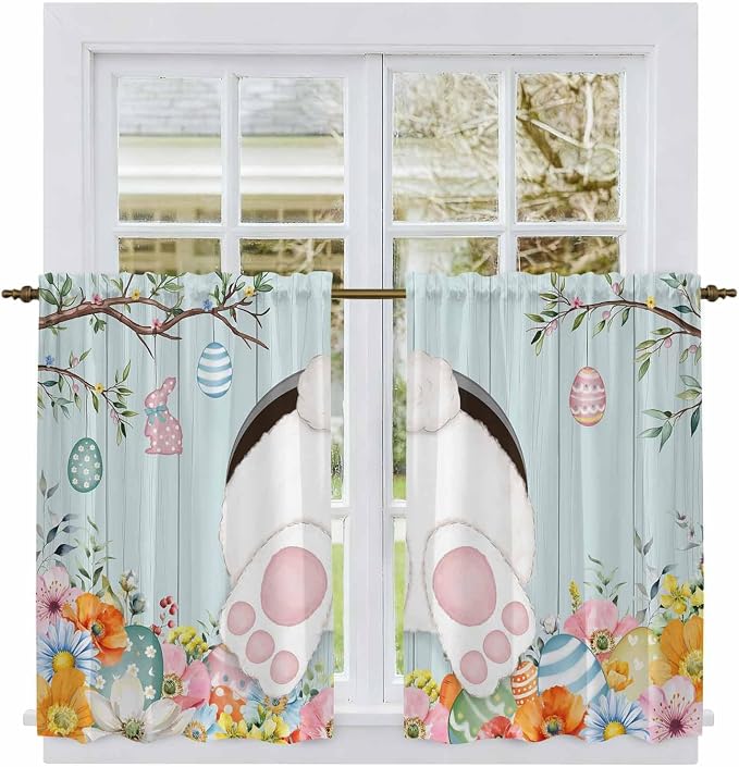 Easter Bunny Kitchen Tier Curtains 45 Inch Long 2 Panel Set, Rod Pocket Short - Image 2
