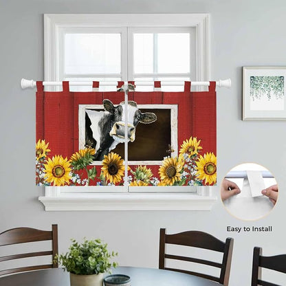 Cows Sunflowers Kitchen Curtains 36 Inch Length, Small Window Curtains Tab Top - Image 4
