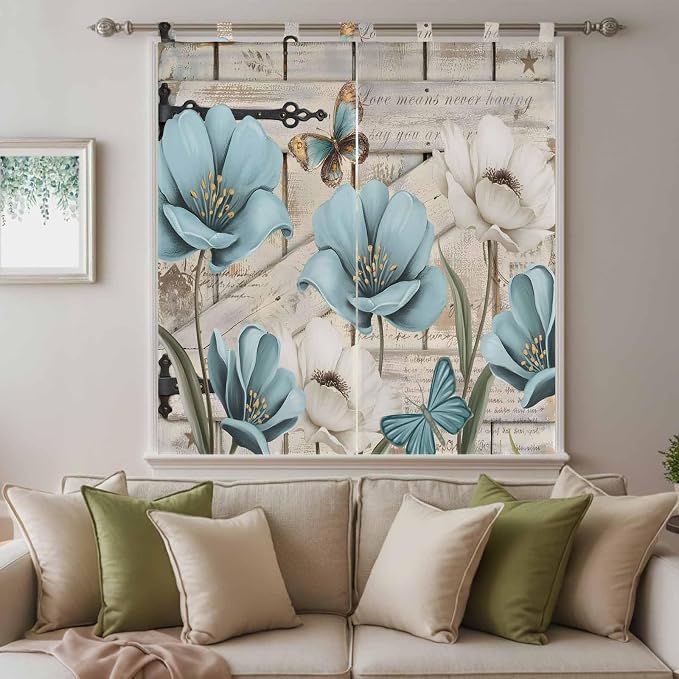 Teal Blue Tulips Living Room Curtains 84 Inch Length, Window Curtains Tab Top - Image 9