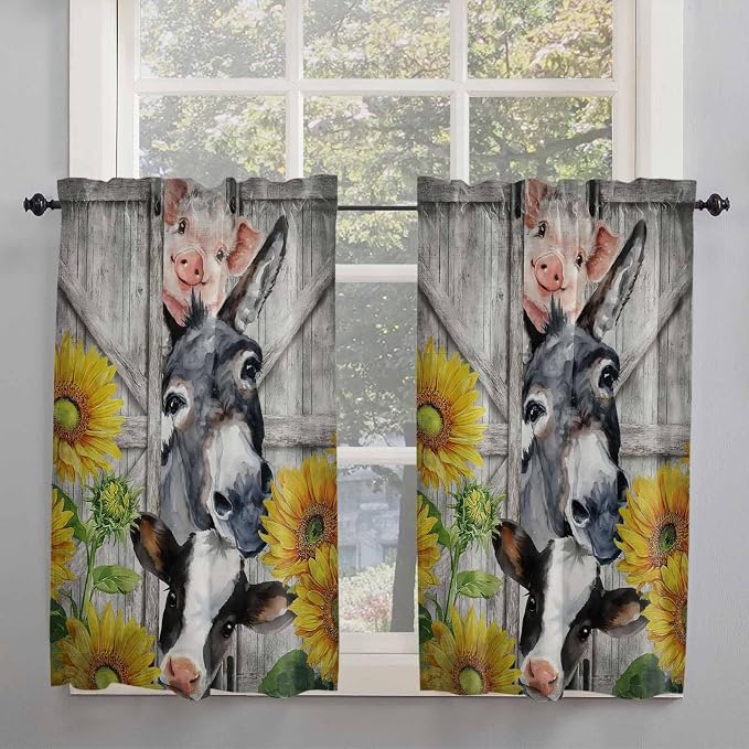 Farmhouse Tier Curtains 45 Inches Long, Vintage Sunflowers Animals Printed Wood - Image 2