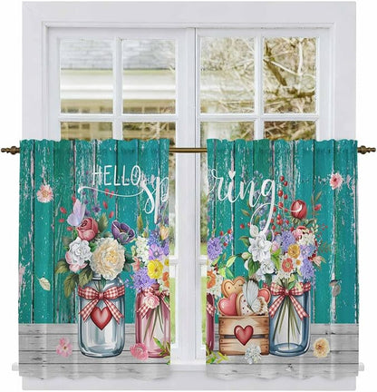 Spring Flowers Tier Curtains, Farmhouse Watercolor Teal Wood Grain Light by Unknown